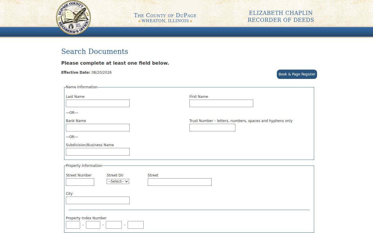Batavia street directory DuPage deed search fields