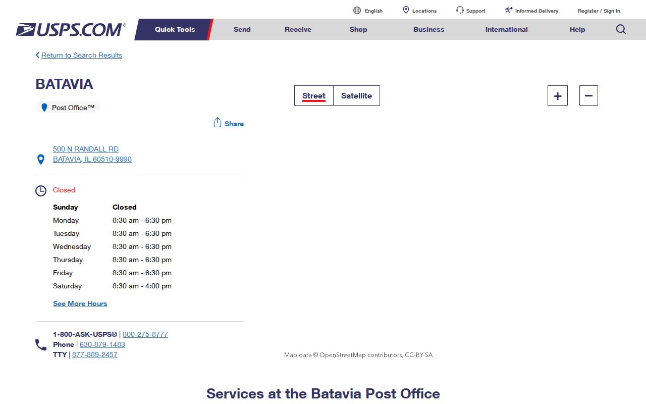 Batavia ZIP code directory showing the Batavia Post Office listing